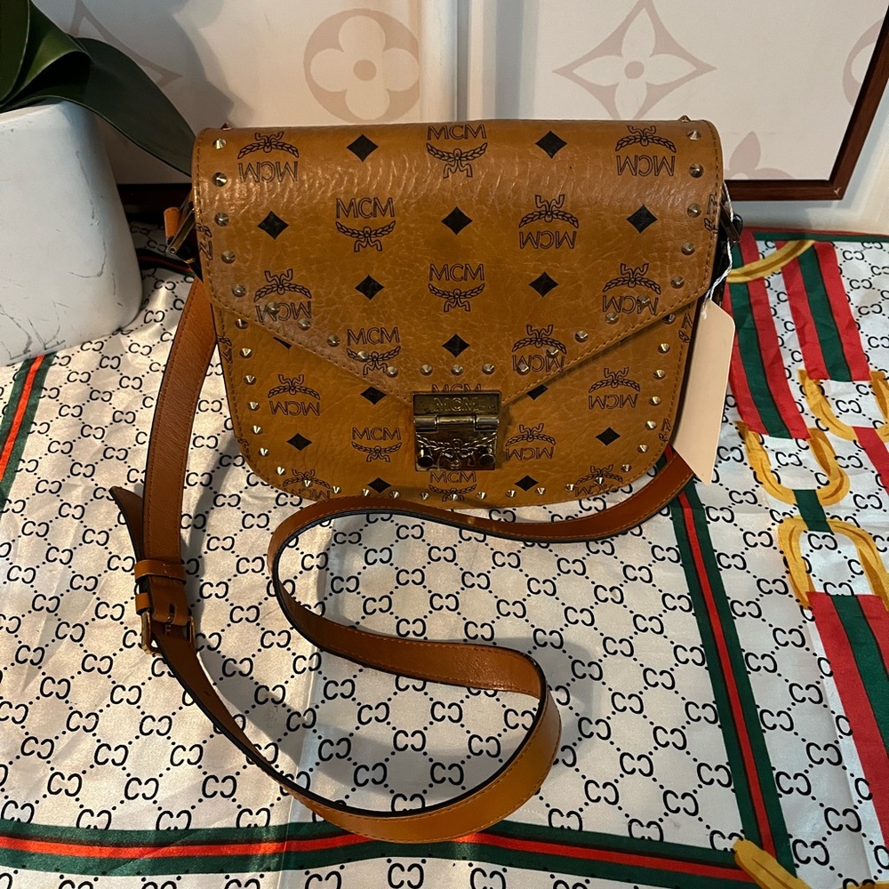 MCM Cognac Crossbody Bag with Logo Print